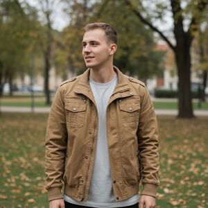 Mens Khaki Utility Jacket Military Style Cargo Pockets Full Zip Snap Button